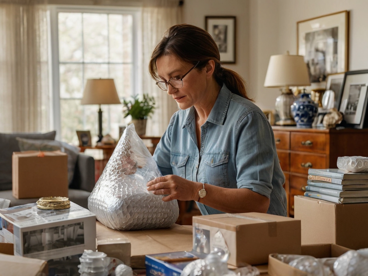 A person carefully wrapping and packing glassware in bubble wrap, surrounded by various household items such as books, lamps, and framed pictures, all ready for packing in a well-lit, tidy living room.